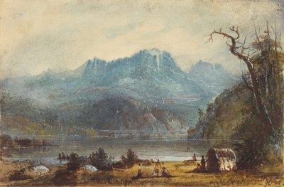 湖のシーン、ワイルドリバー山脈、1837年頃（紙に水彩） 作： Alfred Jacob Miller