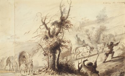シャレットの着陸、1837年頃（紙に茶色のウォッシュ） 作： Alfred Jacob Miller