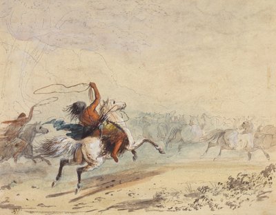 投げ縄の野生の馬、1837年頃（紙に鉛筆、ペン、インク、水彩、グワッシュ） 作： Alfred Jacob Miller
