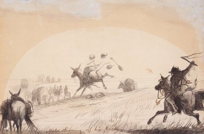 荷物を捨てるラバ、1837年頃（鉛筆、ペンとインク、紙の上で洗う） 作： Alfred Jacob Miller