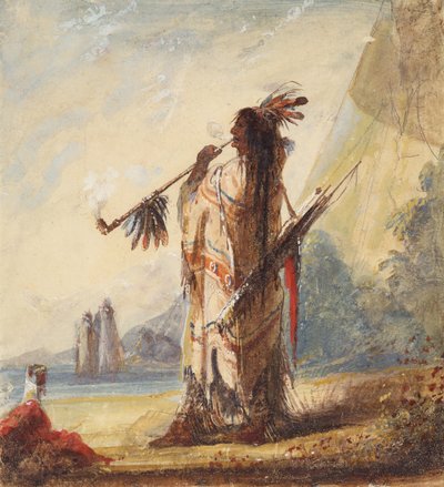 威厳のあるレジャー、カルメを吸う、1837年頃（紙に鉛筆、水彩、グワッシュ） 作： Alfred Jacob Miller