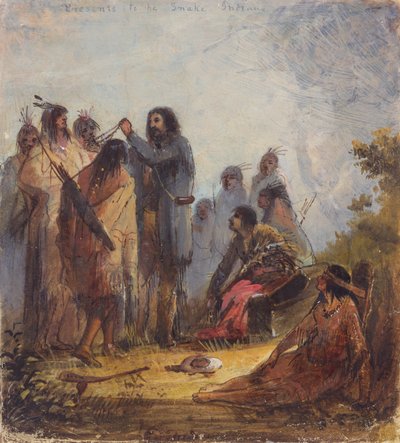 スネークインディアンへのプレゼント、1837年頃（紙に油彩） 作： Alfred Jacob Miller