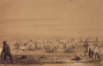 キャンプへの到達、サドルの取り外し、1837年頃（紙に鉛筆、ペンとインク、ウォッシュ、グワッシュ） 作： Alfred Jacob Miller