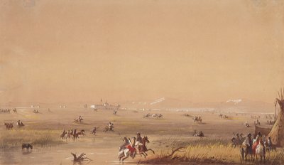 ララミー砦の近くのシーン、1837年頃（紙に鉛筆、水彩、ガッシュ） 作： Alfred Jacob Miller