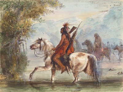 川を渡るショショーニキャンプ、1837年頃（紙に水彩） 作： Alfred Jacob Miller