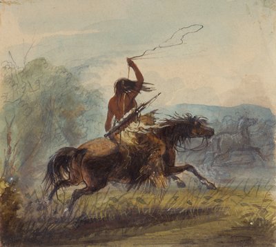 投げ縄を投げるショショーニ族の女性、1837年頃（紙に鉛筆、水彩、グアッシュ） 作： Alfred Jacob Miller