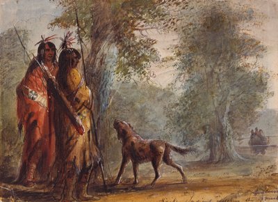 カヌーの接近を見ているスネークインディアン、1837年頃（紙に鉛筆、水彩、グワッシュ） 作： Alfred Jacob Miller