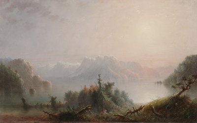 彼女の孤独な胸の湖が空に広がる、1850年頃（パネルに油彩） 作： Alfred Jacob Miller