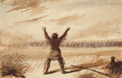 バッファローの群れに邪魔されたトラッパー、1837年頃（鉛筆、ペンとインク、紙の上で洗う） 作： Alfred Jacob Miller