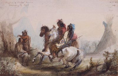 トラッパーとスネークインディアンがサインで会話、1837年頃（紙に鉛筆、水彩、グワッシュ） 作： Alfred Jacob Miller
