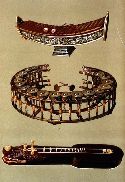 (TtoB) 「楽器」のタイの楽器、ラナート・エック、コンウォンヤイ、ターカイ（カラーリトグラフ版 作： Alfred James Hipkins