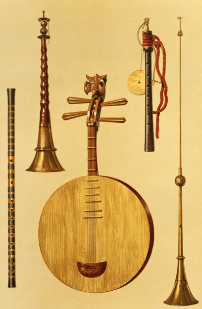 「Musical Instruments」（カラーリソ）のdizi、sona、yueqin、Chinese、Japanese hichiriki、およびChinese laba 作： Alfred James Hipkins