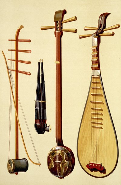 huqin and bow、sheng、sanxian and pipa、 &39;Musical Instruments&39;（colored litho）の中国楽器 作： Alfred James Hipkins