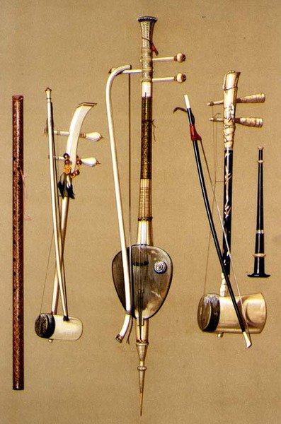 クルイ、弓を持った3つのソーサムサイ、パイ、「楽器」のタイの楽器（カラーリトグラフ） 作： Alfred James Hipkins