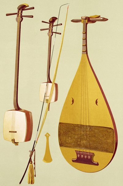 「Musical Instruments」（カラーリト）の三味線、古宮、琵琶 作： Alfred James Hipkins