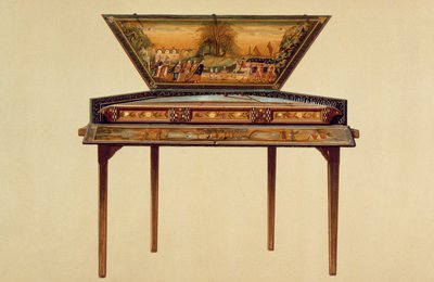 「Musical Instruments」（色付きのリソ）からの18世紀の塗装済みサウンドボックス内の槌で打たれたダルシマー 作： Alfred James Hipkins