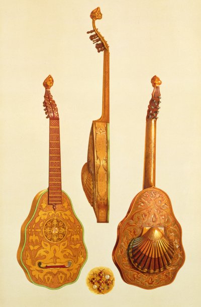 エリザベス女王、ジョンローズ作、1580年、「Musical Instruments」（色付きリソ） 作： Alfred James Hipkins