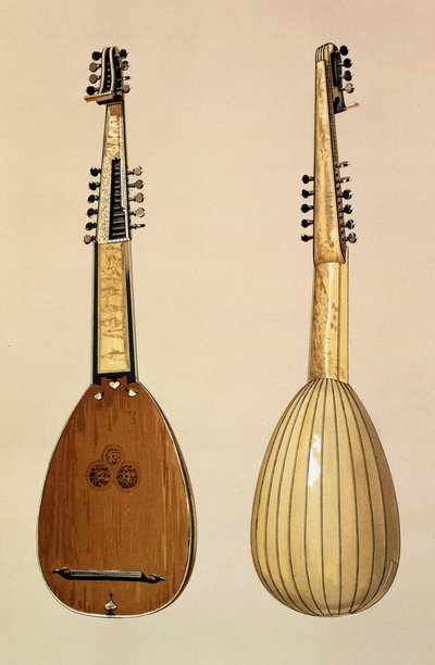 Theorbo、Giovanni Krebar、パドヴァ、1629年、「Musical Instruments」（色付きのlitho）から作成 作： Alfred James Hipkins