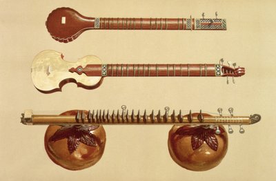 「Musical Instruments」（色付きのリソ）の2つのシタールとルドラヴィーナ、インディアン 作： Alfred James Hipkins