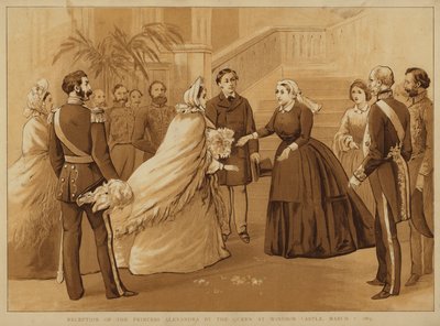 1863 年 3 月 7 日、ウィンザー城でのビクトリア女王によるアレクサンドラ王女のレセプション (chromolitho) 作： Alfred Johnson