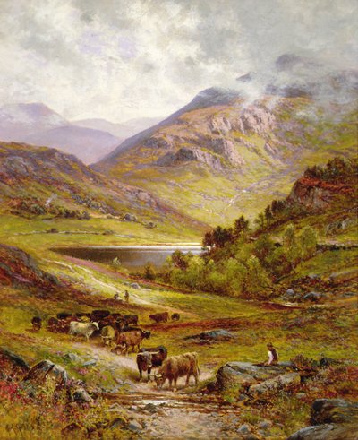 山岳風景の中のロングホーン牛 作： Alfred Jr. Glendening