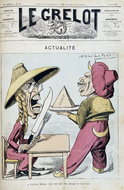 エジプトをめぐるトルコとイギリスの争いを描いた漫画（アルフレッド・ル・ペティ著、1892年6月8日付「ル・グレロ」紙）。 作： Alfred Le Petit