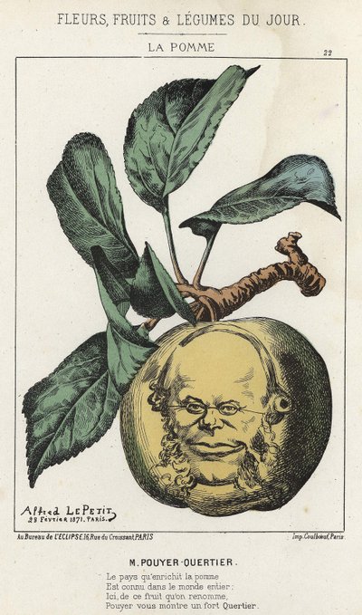 La Pomme: Pouyer Quertier (Pouyer-Quertier)の風刺画 - 1871年2月28日の「今日の花、果物、野菜」に掲載された写真 作： Alfred Le Petit