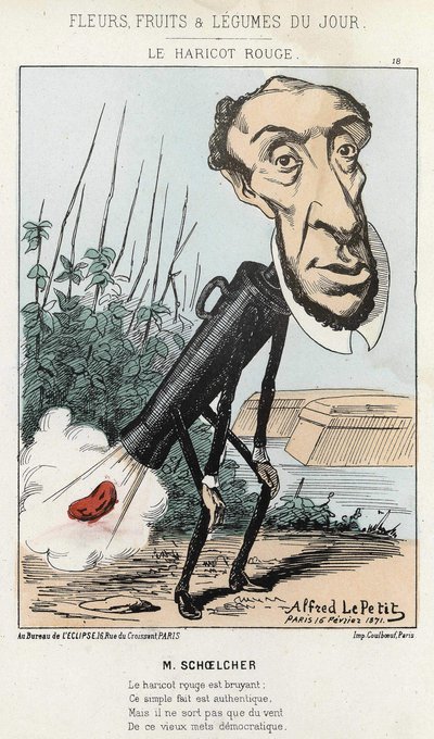 Le Bean rouge：Victor Schoelcherによる風刺画で、ピーターの列車の中に豆（おなら）が描かれている-1871年2月16日、Alfred Le Petitéによる「Fleurs, Fruits et Vegetables du Jour」に掲載された。 作： Alfred Le Petit