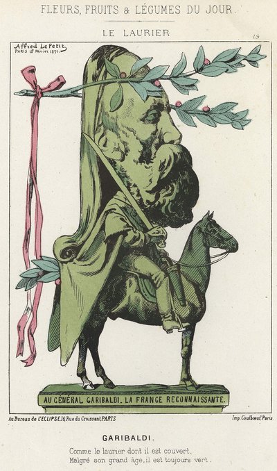 ル・ローリエガリバルディを題材にした漫画（1871年2月15日の "今日の花、果物、野菜 "に掲載されたもの 作： Alfred Le Petit
