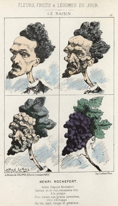 ル・レザンアンリ・ロシュフォールの漫画 - 1871年9月2日の "今日の花、果物、野菜 "に掲載されています。 作： Alfred Le Petit