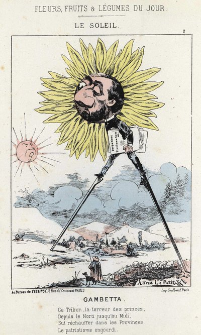 ル・ソレイユ（ヒマワリ）：ガンベッタ（1838-1882）の風刺画 - 1871年12月1日の「今日の花、果物、野菜」の図版 作： Alfred Le Petit