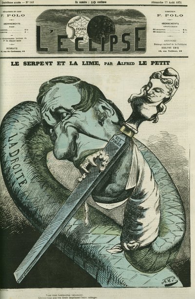 ヘビとヤスリ、右のヘビは共和国に歯をヤスリで削る。A.Le petit著「L