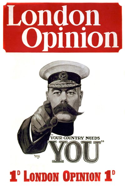 第一次世界大戦：イギリス兵募集のポスター。司令官Lord Horatio Herbert Kitchener of Khartoum（1850-1916）は、英国の軍人であり政治家でもあり、軍人の潜在能力を指摘しています。 作： Alfred Leete