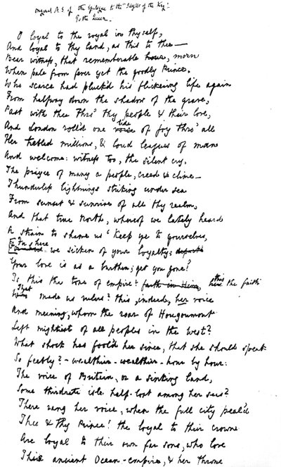 1872年にビクトリア女王に宛てられた「王の牧歌」へのエピローグの原本 作： Alfred Lord Tennyson