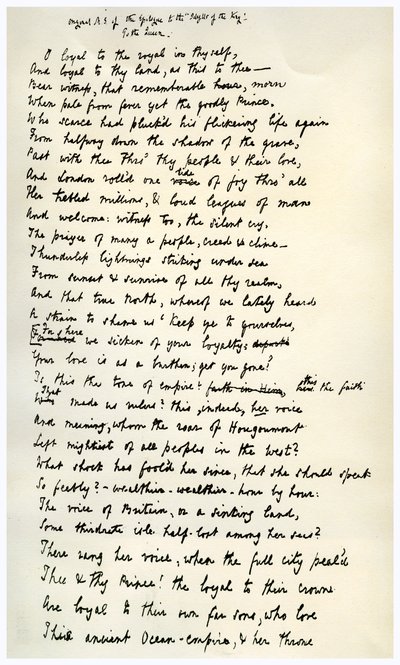 王の牧歌へのエピローグのオリジナルの原稿、c1872。 作： Alfred Lord Tennyson