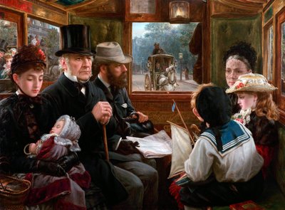 ピカデリー サーカスへのオムニバスに乗って一般の乗客と一緒に旅行するグラッドストーン氏、1885 年。 作： Alfred Morgan