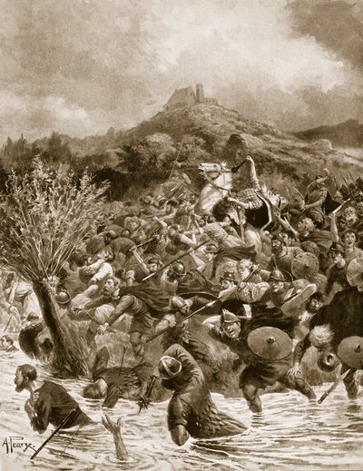 ペンダ王がウィンウェドフィールドで殺害、655、「ハッチンソンのイギリス国民の物語」、1920年頃のイラスト 作： Alfred Pearse