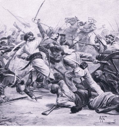 1857年8月2日、ナジャフガルでの反逆者のニコルソンの敗北、陸と海でのイギリスの戦い、1915年の図解 作： Alfred Pearse