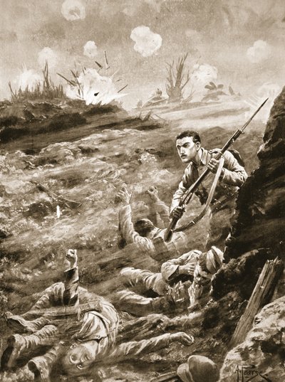 ガス攻撃を受けて避難していた塹壕を片手で持つ民間のE.ワーナー 作： Alfred Pearse