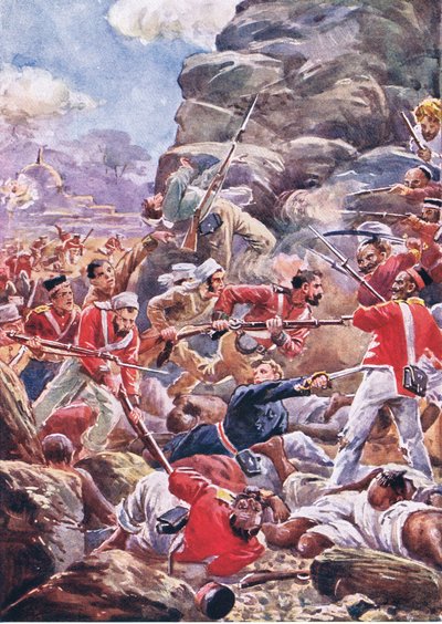 デリーの包囲：突破口の嵐、陸と海のイギリスの戦いのイラスト、1915 作： Alfred Pearse