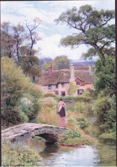サマセット州ポーロック近郊の歩道橋（デント＆サンズ社発行「The Cottages and the Village Life of Rural England」より 作： Alfred Robert Quinton