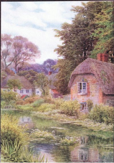 The Cottages and the Village Life of Rural England (Dent & Sons Limited刊)より、ソールズベリー近郊のレイクのエイボン川にて。 作： Alfred Robert Quinton