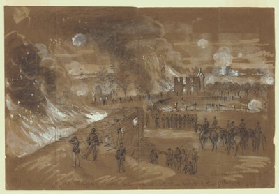 9 月 17 日の戦闘での Muma 氏 [原文のまま] の家屋と納屋の放火 作： Alfred Rudolph Waud