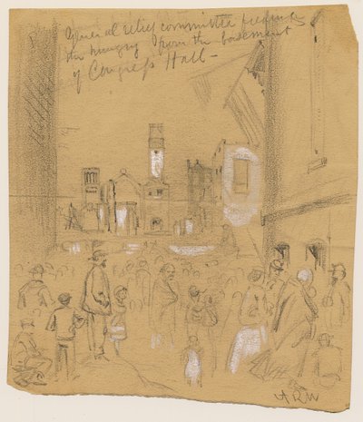1871年のシカゴの火災の際に国会議事堂の地下室から空腹を満たしている一般救済委員会（紙に鉛筆とチョーク） 作： Alfred Rudolph Waud