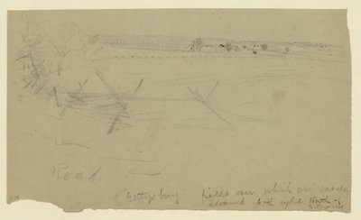 ゲティスバーグ-ゲティスバーグの北、反乱軍の騎兵隊が右に進んだフィールド 作： Alfred Rudolph Waud