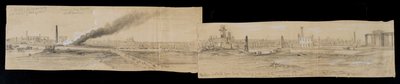 1871年のシカゴの火の間に東に見えるエリーストリートブリッジから北部地区（紙に鉛筆とチョーク） 作： Alfred Rudolph Waud