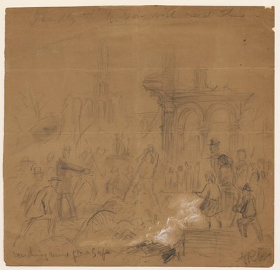 1871年のシカゴ火災後の遺跡の金庫の捜索（紙に鉛筆とチョーク） 作： Alfred Rudolph Waud