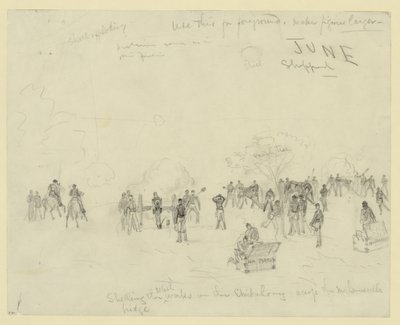 反乱軍の砲撃は、メカニックスビル橋を渡るチカホミーに働きかけます 作： Alfred Rudolph Waud