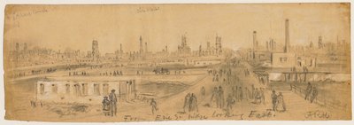 1871年のシカゴの火の間に東を見てエリーストリートブリッジからの眺め 作： Alfred Rudolph Waud
