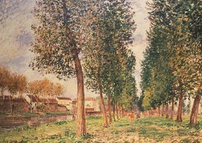 モレのポプラ並木、曇りの日、朝 作： Alfred Sisley